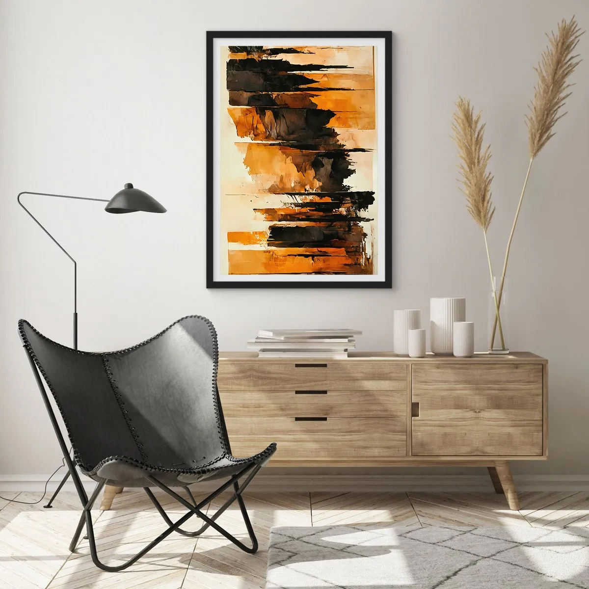 Póster en marco negro - Una composición abstracta en tonos marrones cálidos y negros. - 50x70cm - Armonía de negro y oro - Decoración de pared moderna para salón y dormitorio ARTTOR