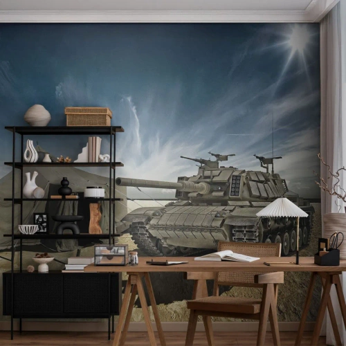 Fotomural Premium Canvas - Un tanque junto a una tienda militar en una zona desértica. - 100x70cm - Campaña militar - Decoración de pared moderna para salón y dormitorio ARTTOR