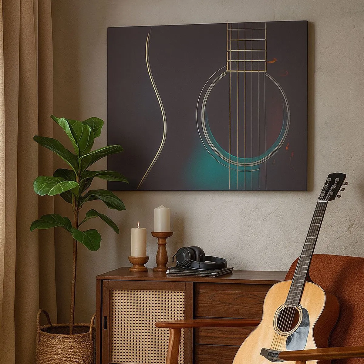 Cuadro sobre lienzo - Impresión de Imagen - Guitarra acústica en luz oscura y elegante. - 70x50cm - Un momento antes de que suene - Decoración de pared moderna para salón y dormitorio ARTTOR