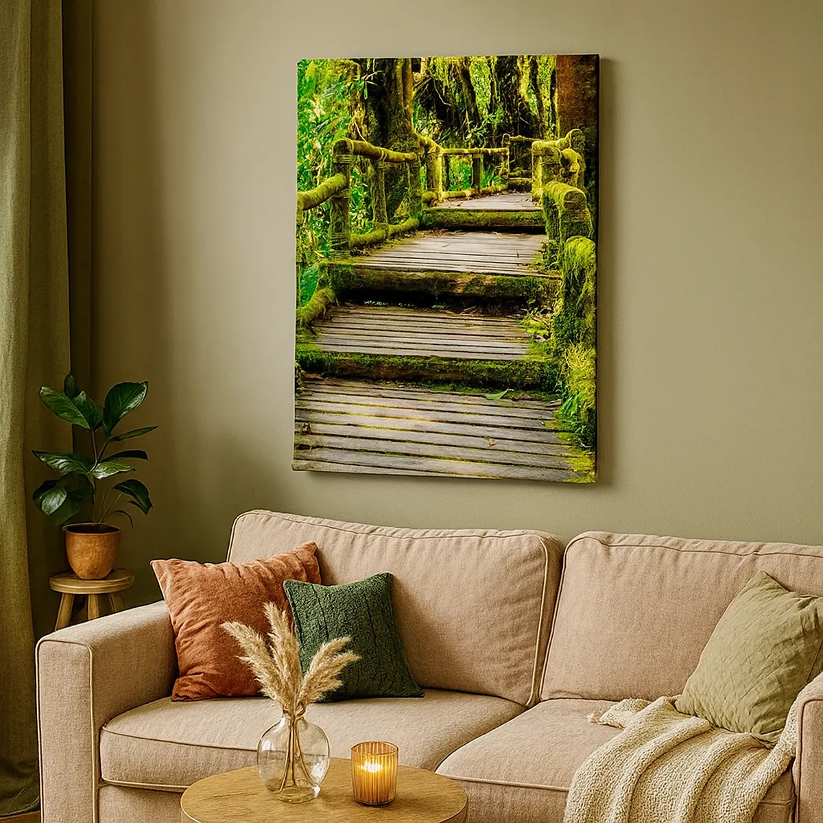Cuadro sobre lienzo - Impresión de Imagen - Un puente de madera cubierto de musgo en una selva tropical. - 50x70cm - A través de un corredor verde - Decoración de pared moderna para salón y dormitorio ARTTOR