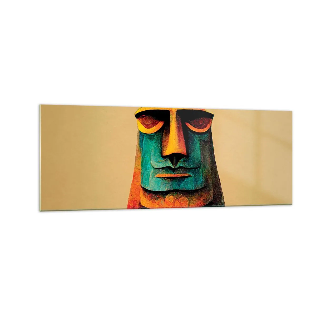 Cuadro sobre vidrio - Impresiones sobre Vidrio - Estatua colorida de la Isla de Pascua - 140x50cm - Escultural, pero simpática - Decoración de pared moderna para salón y dormitorio ARTTOR