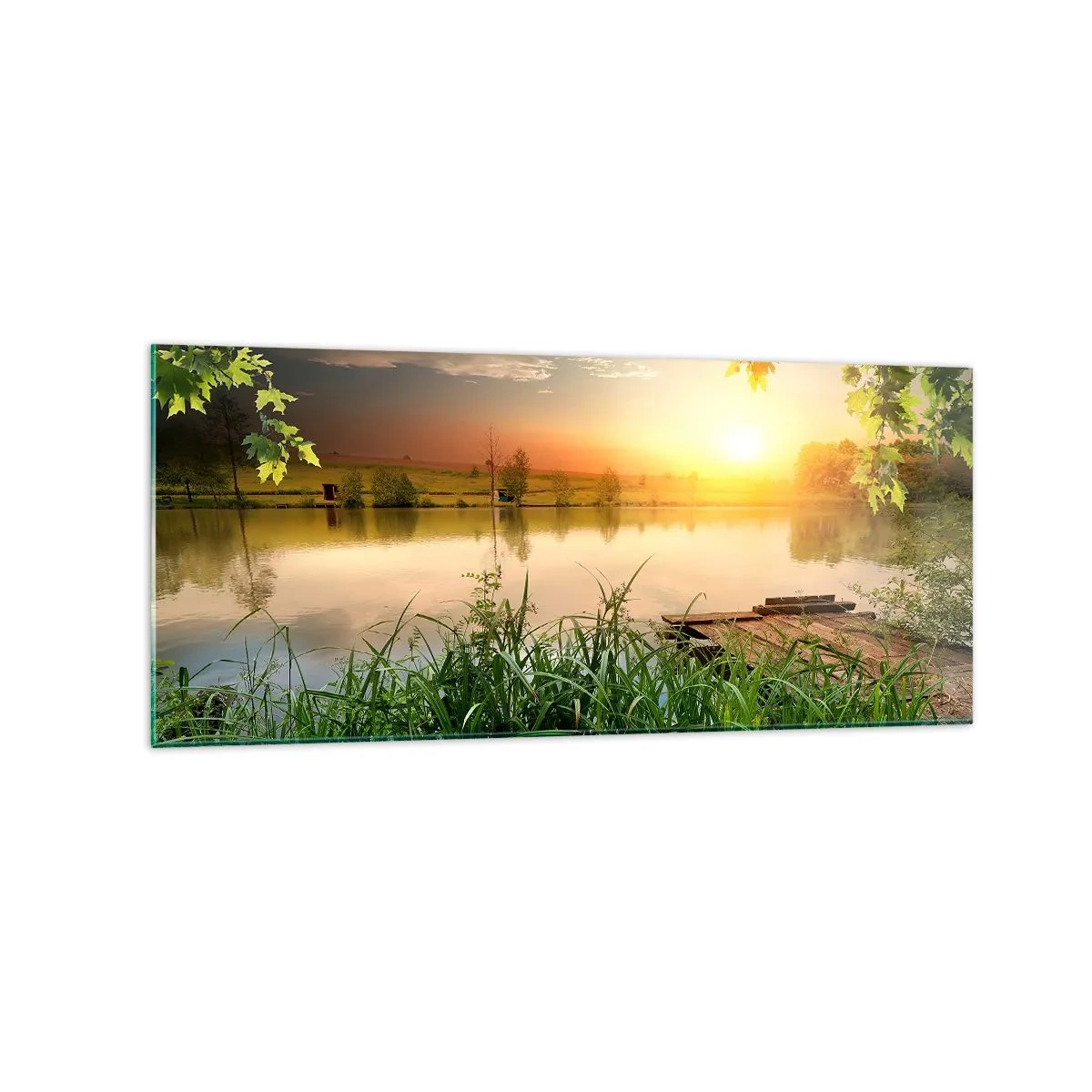 Cuadro sobre vidrio - Impresiones sobre Vidrio - Paisaje verde con un lago al atardecer - 120x50cm - Paisaje en un marco verde - Decoración de pared moderna para salón y dormitorio ARTTOR