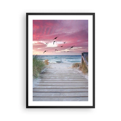 Póster en marco negro - Camino de madera en la playa con vistas al mar al atardecer - 50x70cm - Impresión del Báltico - Decoración de pared moderna para salón y dormitorio ARTTOR