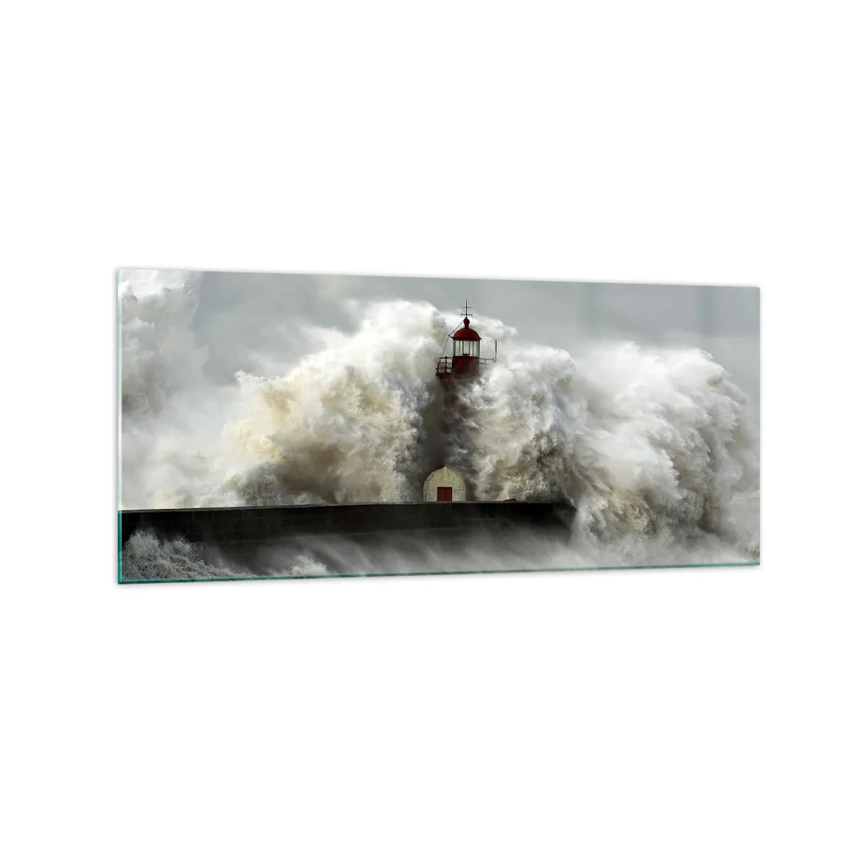 Cuadro sobre vidrio - Impresiones sobre Vidrio - Un faro rodeado de fuertes olas durante una tormenta. - 120x50cm - La furia del océano - Decoración de pared moderna para salón y dormitorio ARTTOR