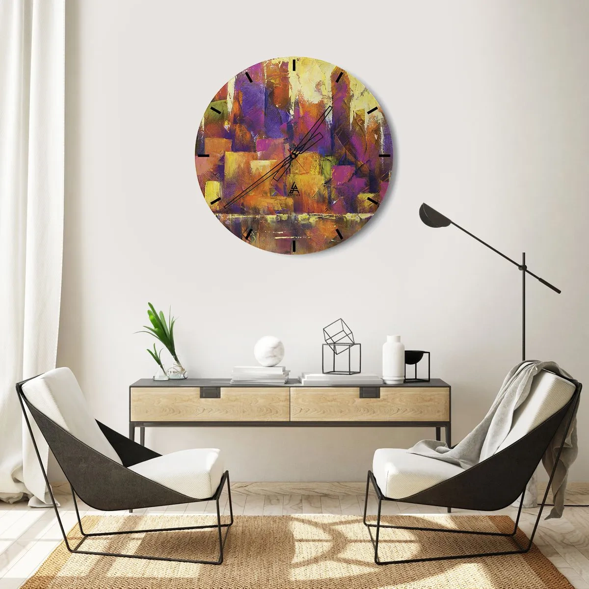 Reloj de pared - Reloj de vidrio - Una composición abstracta en tonos amarillos y morados. - 30x30cm - Composición metropolitana - Decoración de pared moderna para salón, cocina y dormitorio ARTTOR