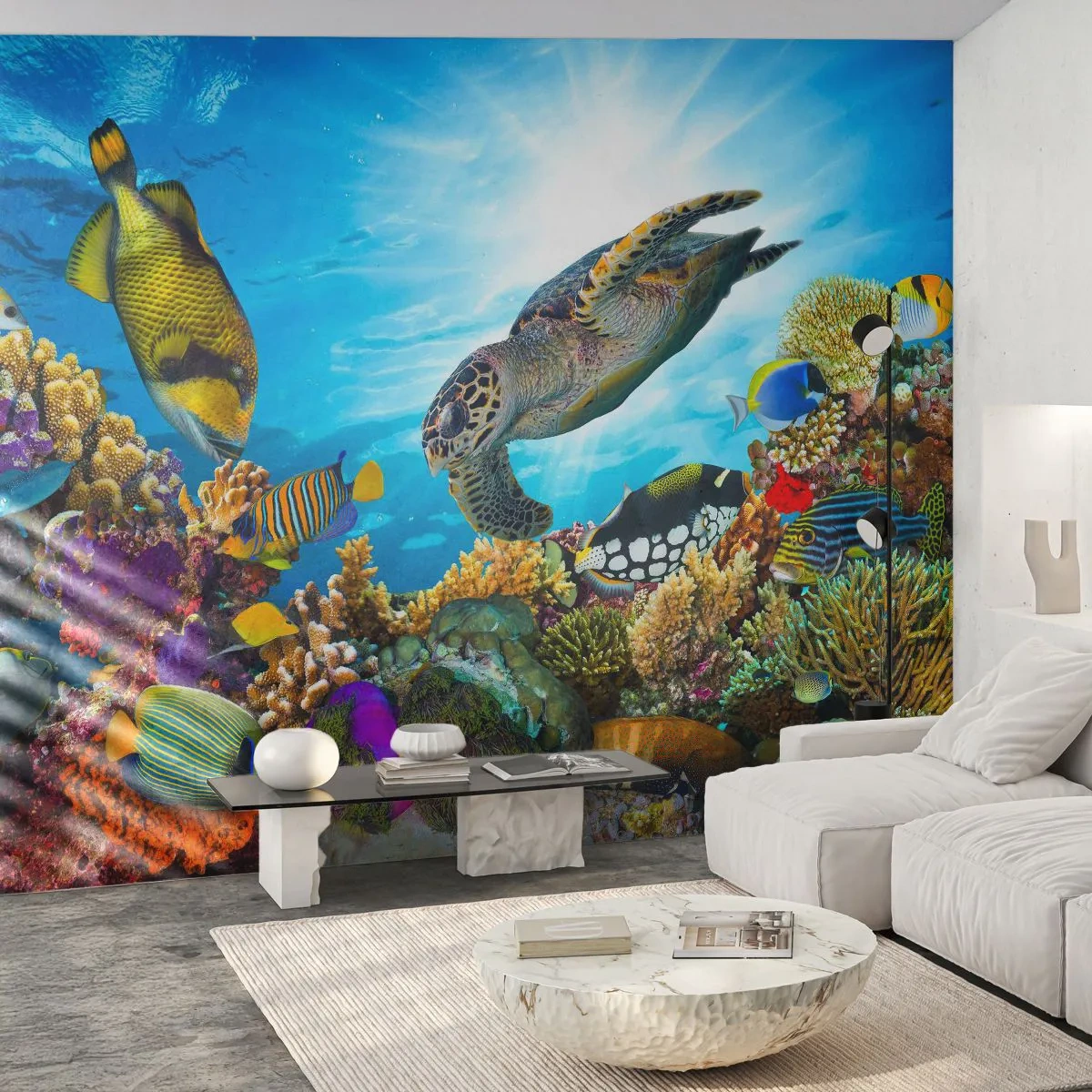 Fotomural Premium Sand - Mundo submarino con una tortuga marina y peces de colores. - 100x70cm - Paseo del coral - Decoración de pared moderna para salón y dormitorio ARTTOR