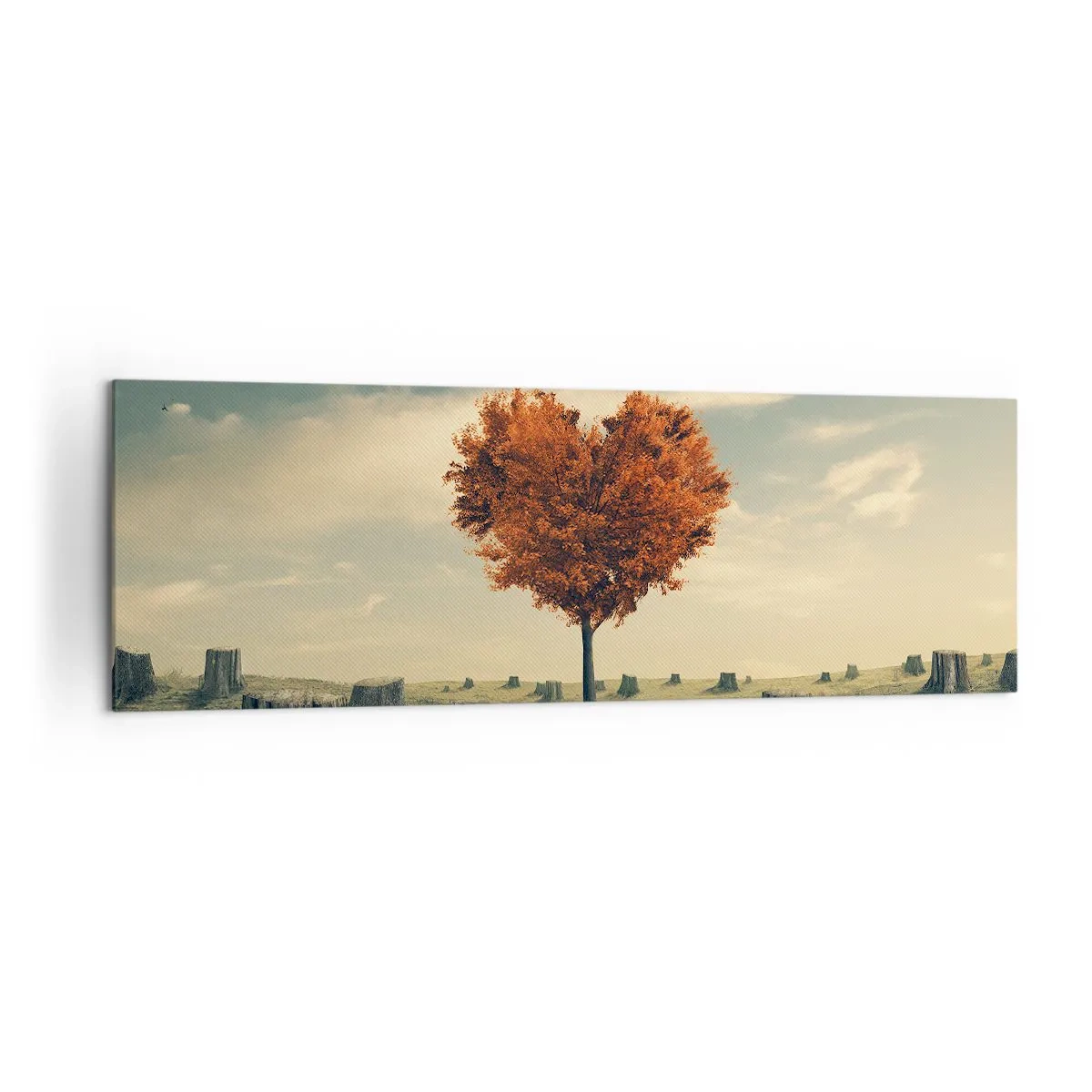 Cuadro sobre lienzo - Impresión de Imagen - Un árbol en forma de corazón en un campo de tocones, símbolo de esperanza. - 160x50cm - Todavía hay esperanza - Decoración de pared moderna para salón y dormitorio ARTTOR
