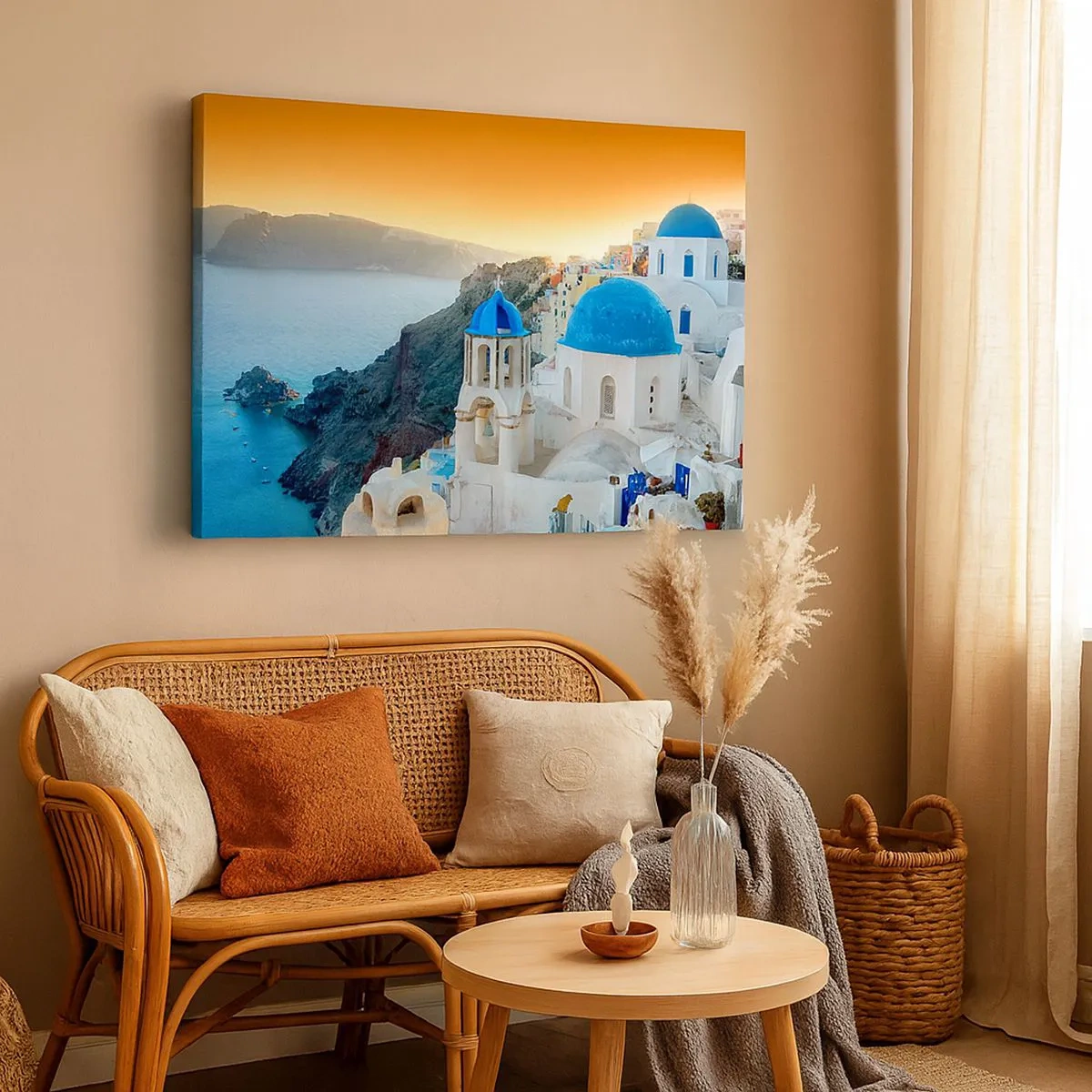 Cuadro sobre lienzo - Impresión de Imagen - Vista de Santorini con edificios blancos y mar azul. - 70x50cm - Santorini - el abrazo a las rocas - Decoración de pared moderna para salón y dormitorio ARTTOR