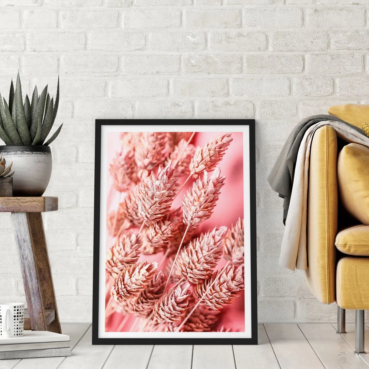 Póster en marco negro - Primer plano de espigas de cereales secas sobre un fondo rosa - 50x70cm - Estructura floral en rosa - Decoración de pared moderna para salón y dormitorio ARTTOR
