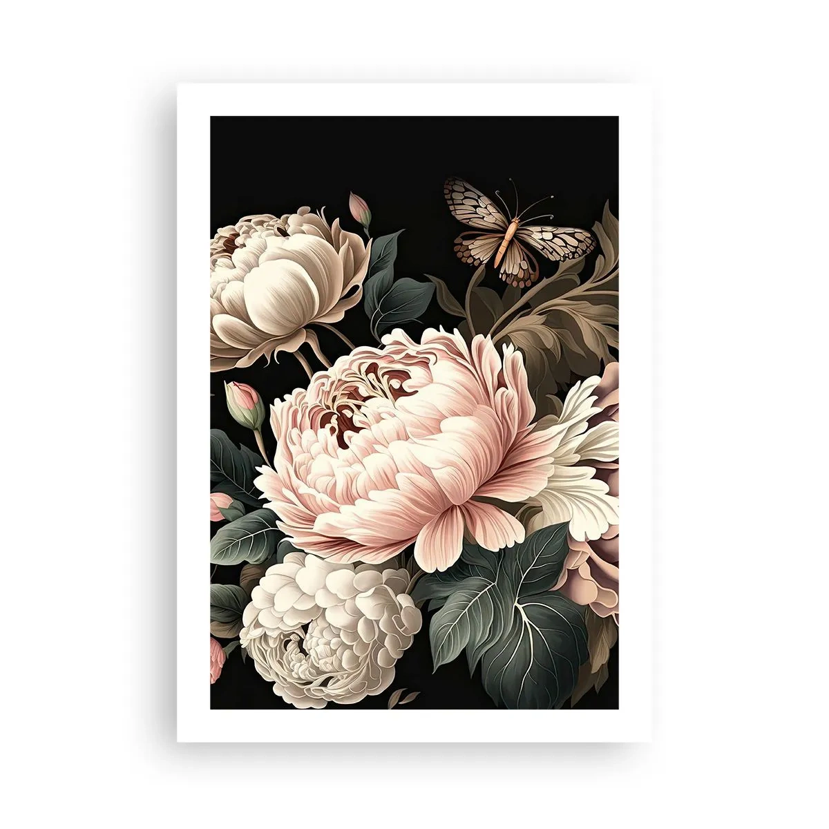 Póster - Elegantes peonías y una mariposa sobre fondo negro. - 50x70cm - En estilo barroco - Decoración de pared moderna para salón y dormitorio ARTTOR