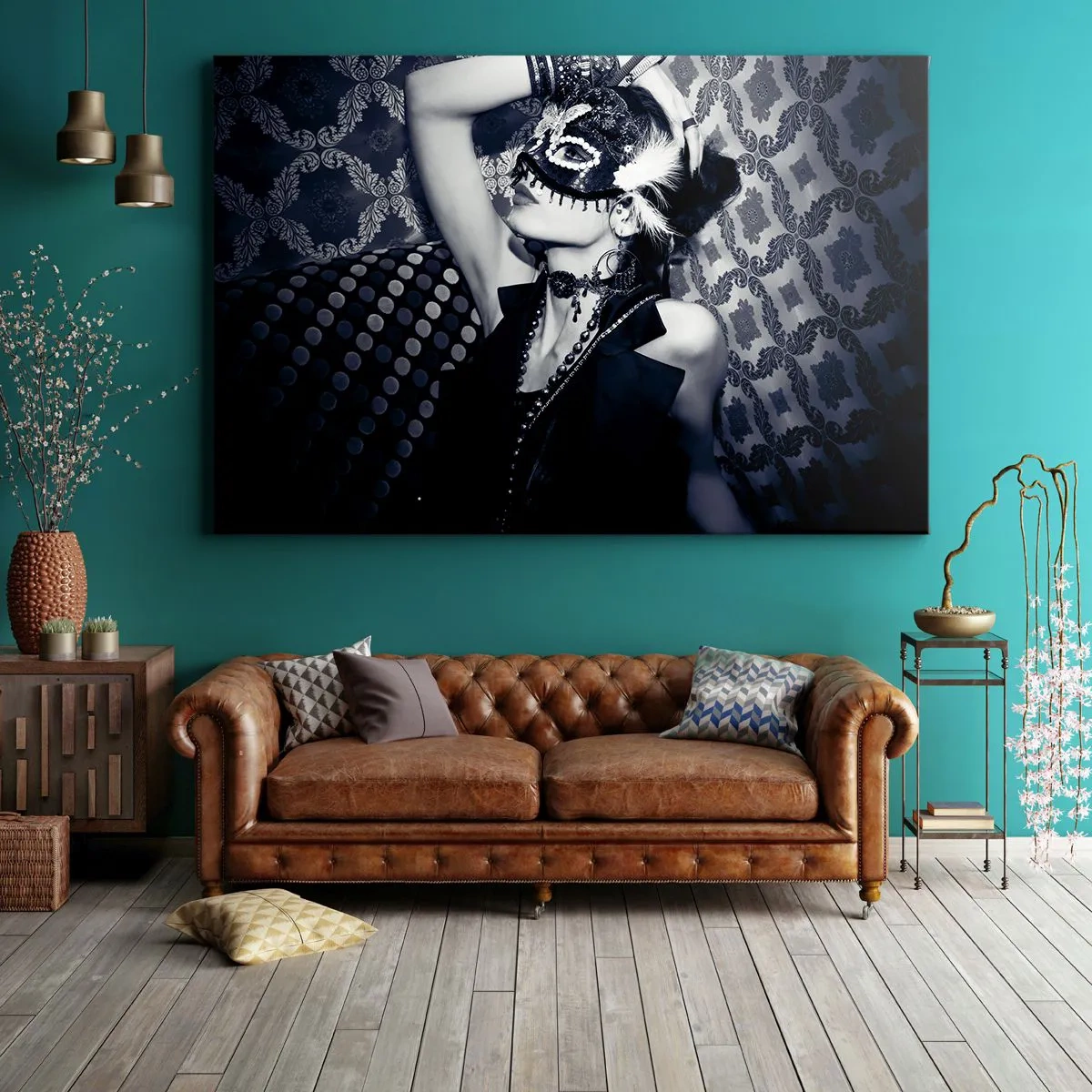 Cuadro sobre lienzo - Impresión de Imagen - Una mujer con una máscara veneciana sobre un fondo de patrones ornamentados. - 70x50cm - Decoraciones, adornos, patrones... - Decoración de pared moderna para salón y dormitorio ARTTOR
