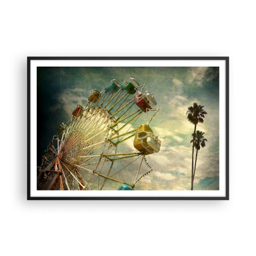 Póster en marco negro - Fotografía retro de una noria con palmeras contra el cielo. - 100x70cm - Será, será un día estupendo.... - Decoración de pared moderna para salón y dormitorio ARTTOR