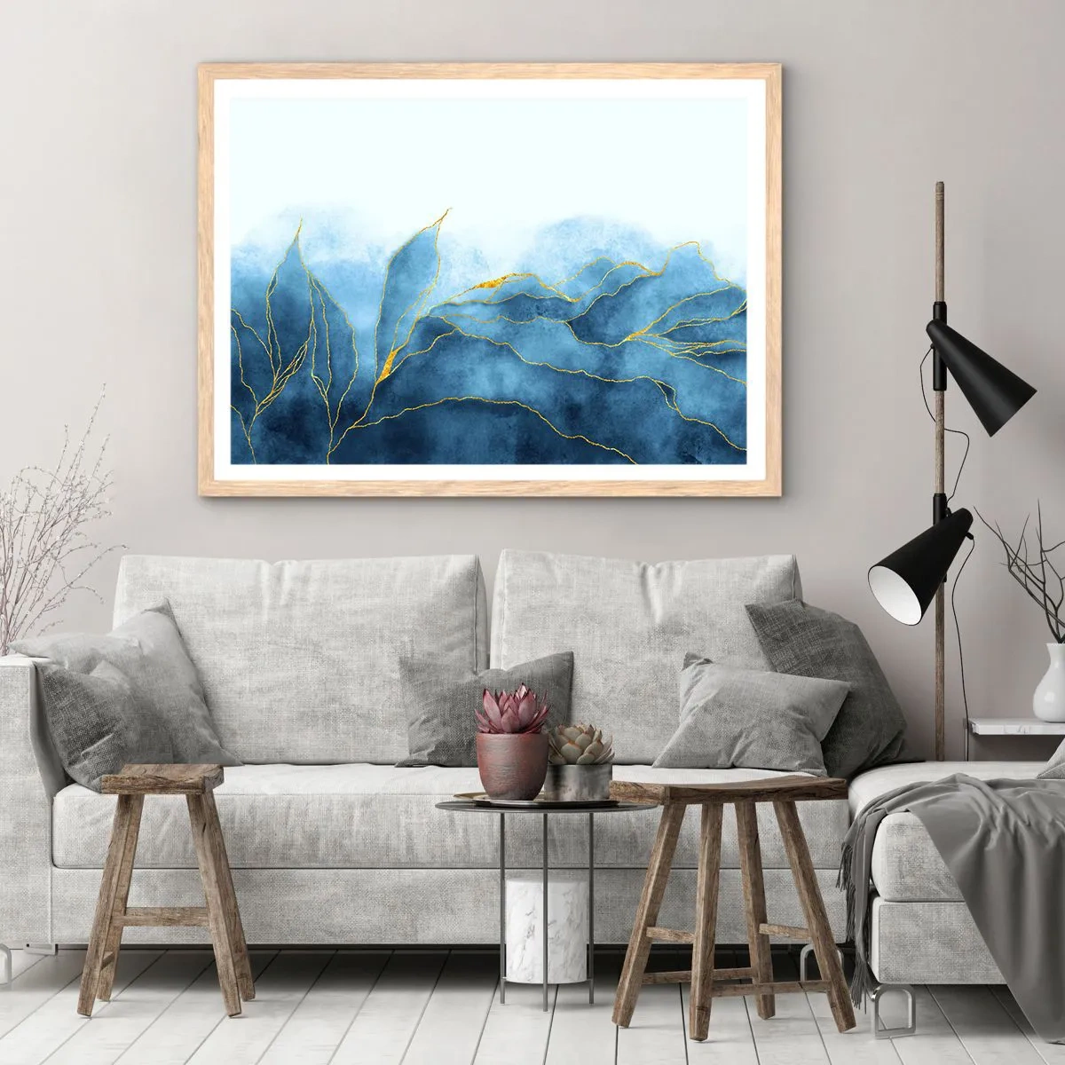 Póster en marco roble claro - Oro y azul - 50x40 cm
