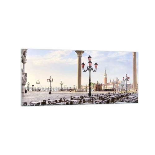 Cuadro sobre vidrio - Impresiones sobre Vidrio - Venecia, vista de la plaza con columnas y mesas de café. - 120x50cm - Vamos, todo está listo - Decoración de pared moderna para salón y dormitorio ARTTOR