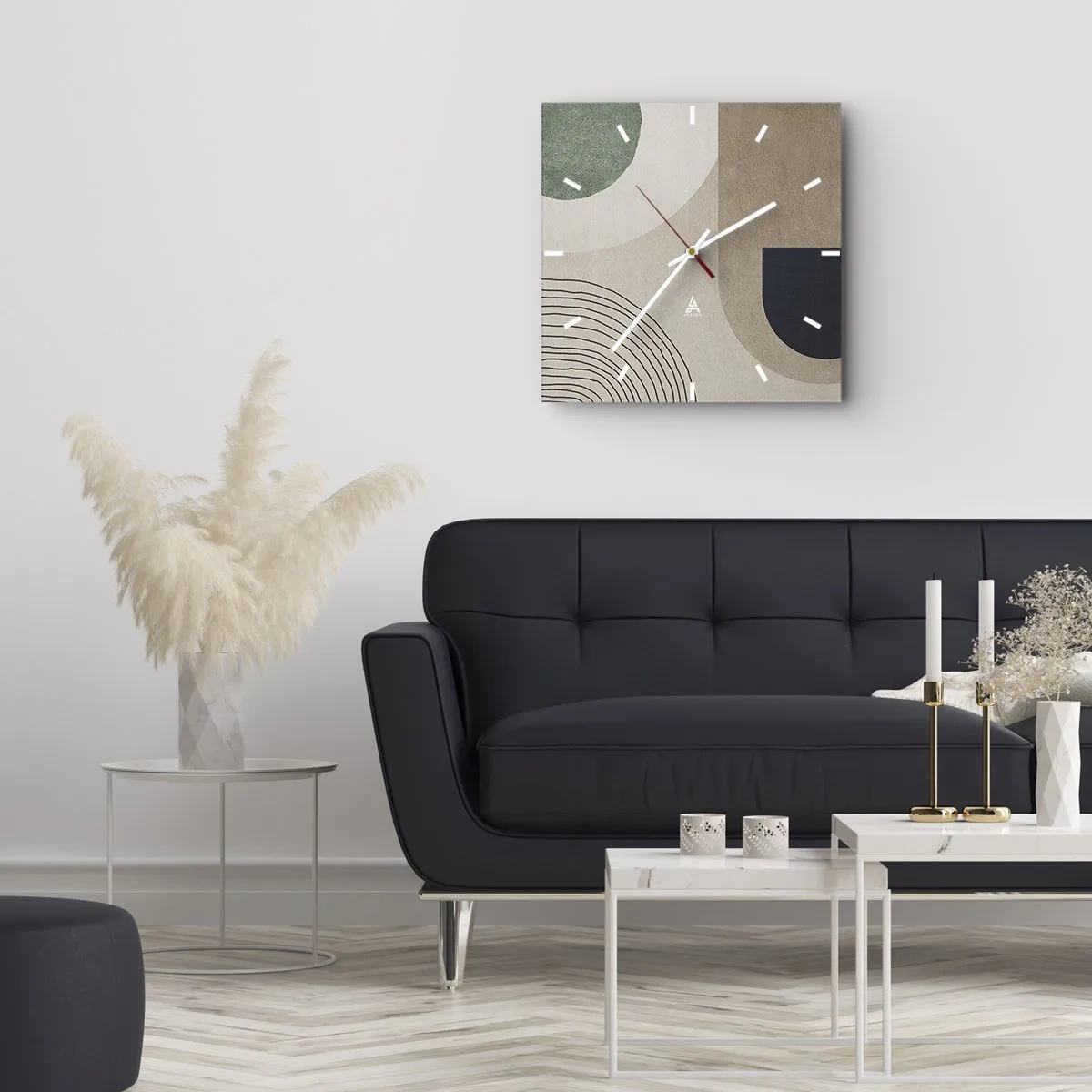 Reloj de pared - Reloj de vidrio - Formas geométricas en tonos beige y verde. - 30x30cm - La delicadeza de un óvalo - Decoración de pared moderna para salón y dormitorio ARTTOR