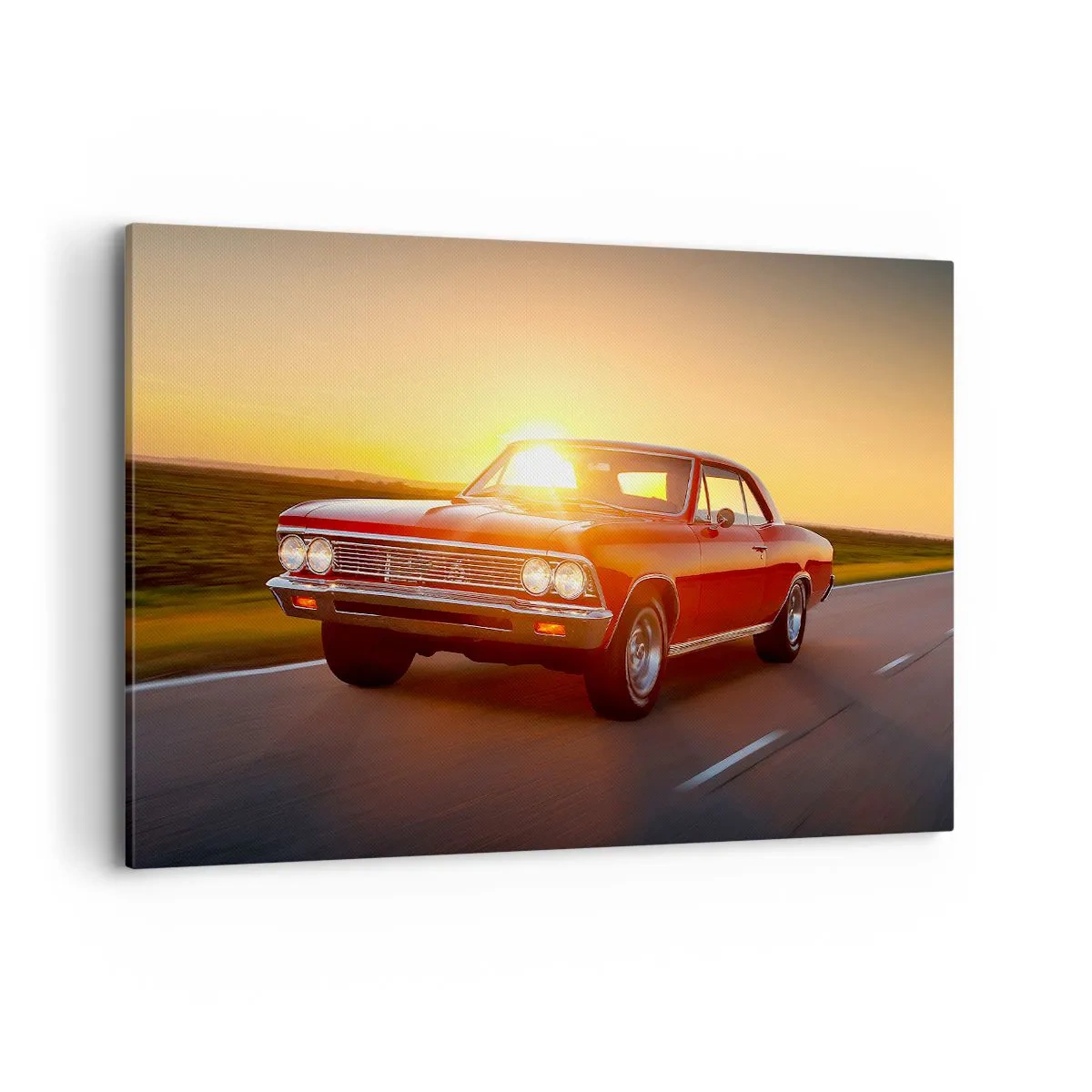 Cuadro sobre lienzo - Impresión de Imagen - Un coche rojo al atardecer en una carretera abierta. - 120x80cm - El deseo es rojo - Decoración de pared moderna para salón y dormitorio ARTTOR