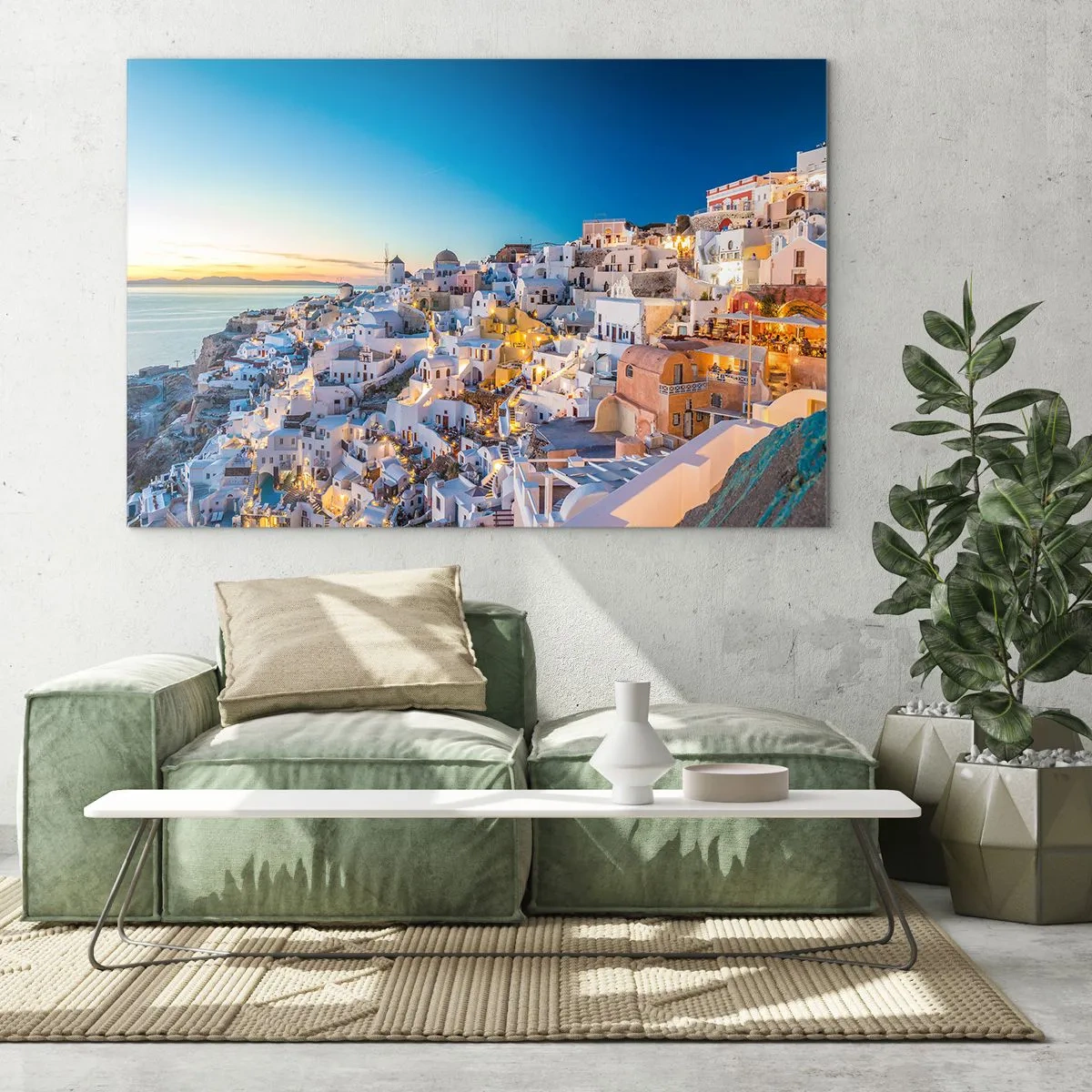 Cuadro sobre vidrio - Impresiones sobre Vidrio - Panorama de Santorini al atardecer - 100x70cm - La esencia de lo griego - Decoración de pared moderna para salón y dormitorio ARTTOR