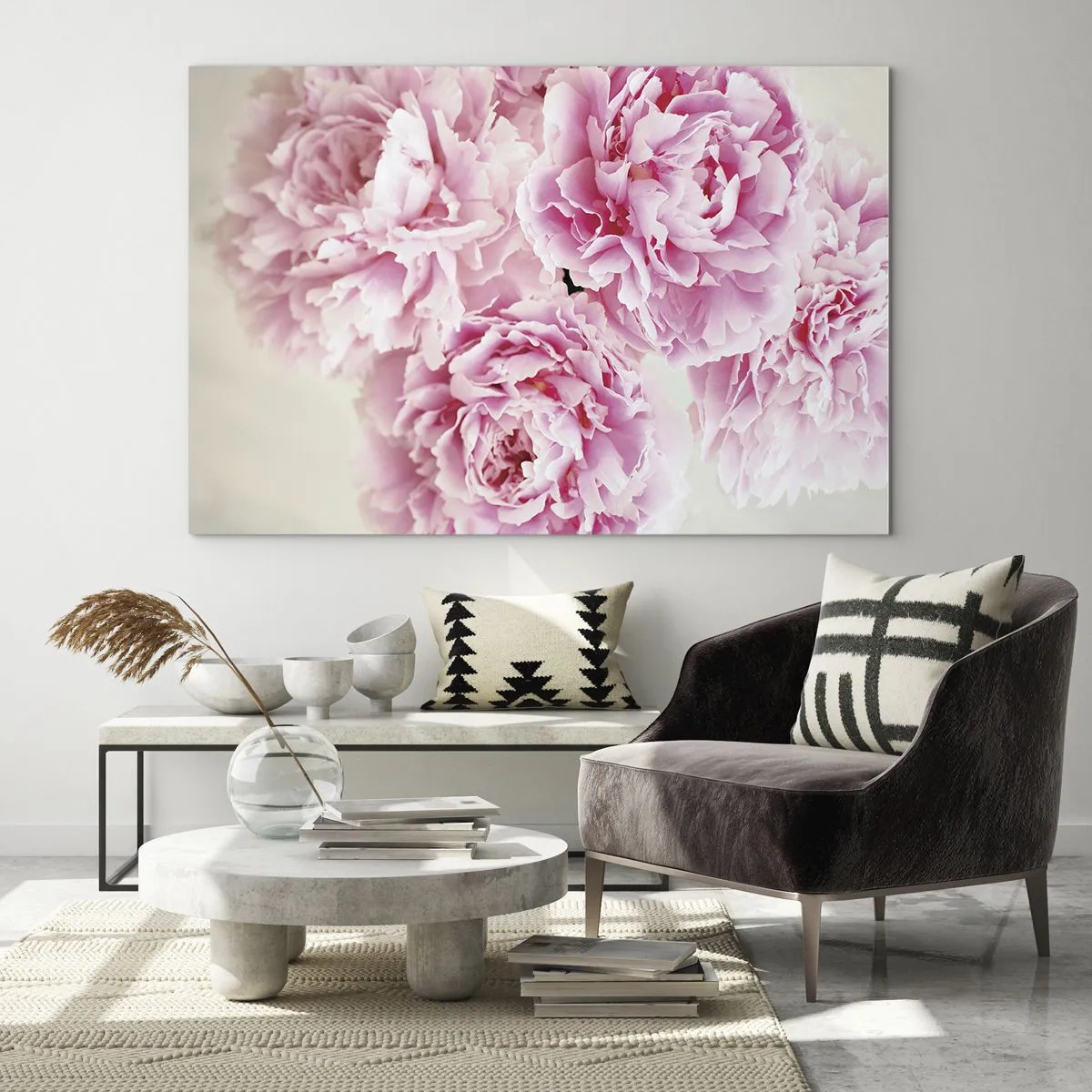 Cuadro sobre vidrio - Impresiones sobre Vidrio - Un ramo de peonías rosas sobre un fondo claro. - 120x80cm - En el esplendor del rosa - Decoración de pared moderna para salón y dormitorio ARTTOR
