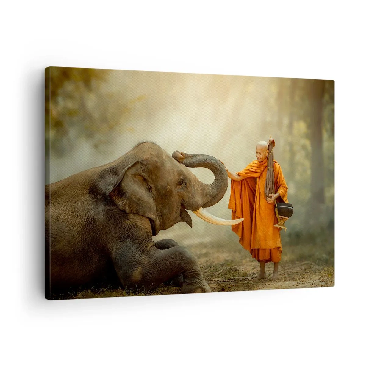 Cuadro sobre lienzo - Impresión de Imagen - Un monje y un elefante en armonía con la naturaleza como telón de fondo. - 70x50cm - Un encuentro en un viaje - Decoración de pared moderna para salón y dormitorio ARTTOR