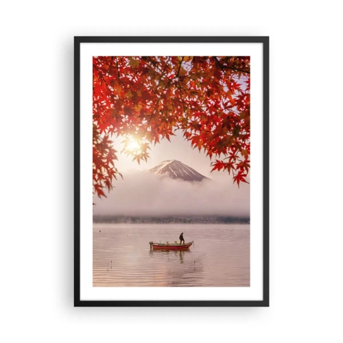 Póster en marco negro - Monte Fuji con un barco en un lago y hojas de otoño - 50x70cm - Estilo japonés - Decoración de pared moderna para salón y dormitorio ARTTOR