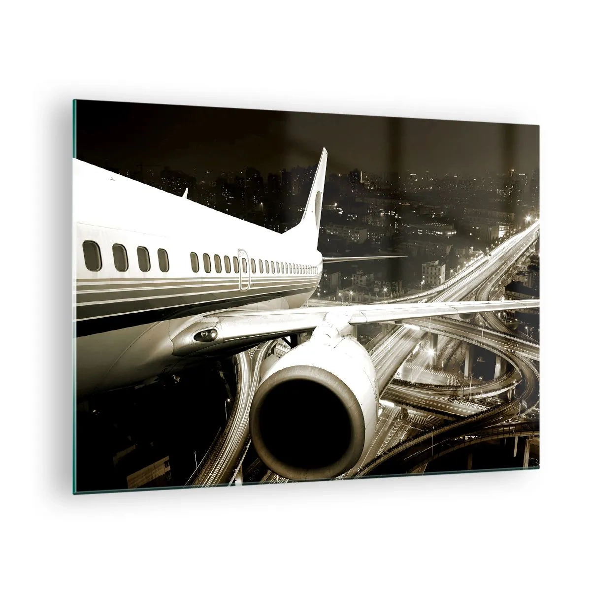 Cuadro sobre vidrio - Impresiones sobre Vidrio - Un avión sobre la ciudad por la noche con un ambiente industrial. - 70x50cm - Vuela hacia la noche - Decoración de pared moderna para salón y dormitorio ARTTOR