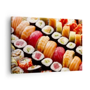 Cuadro sobre lienzo - Impresión de Imagen - Sushi colorido dispuesto en filas con diversos ingredientes. - 70x50cm - Colores y sabores de Asia - Decoración de pared moderna para salón y dormitorio ARTTOR