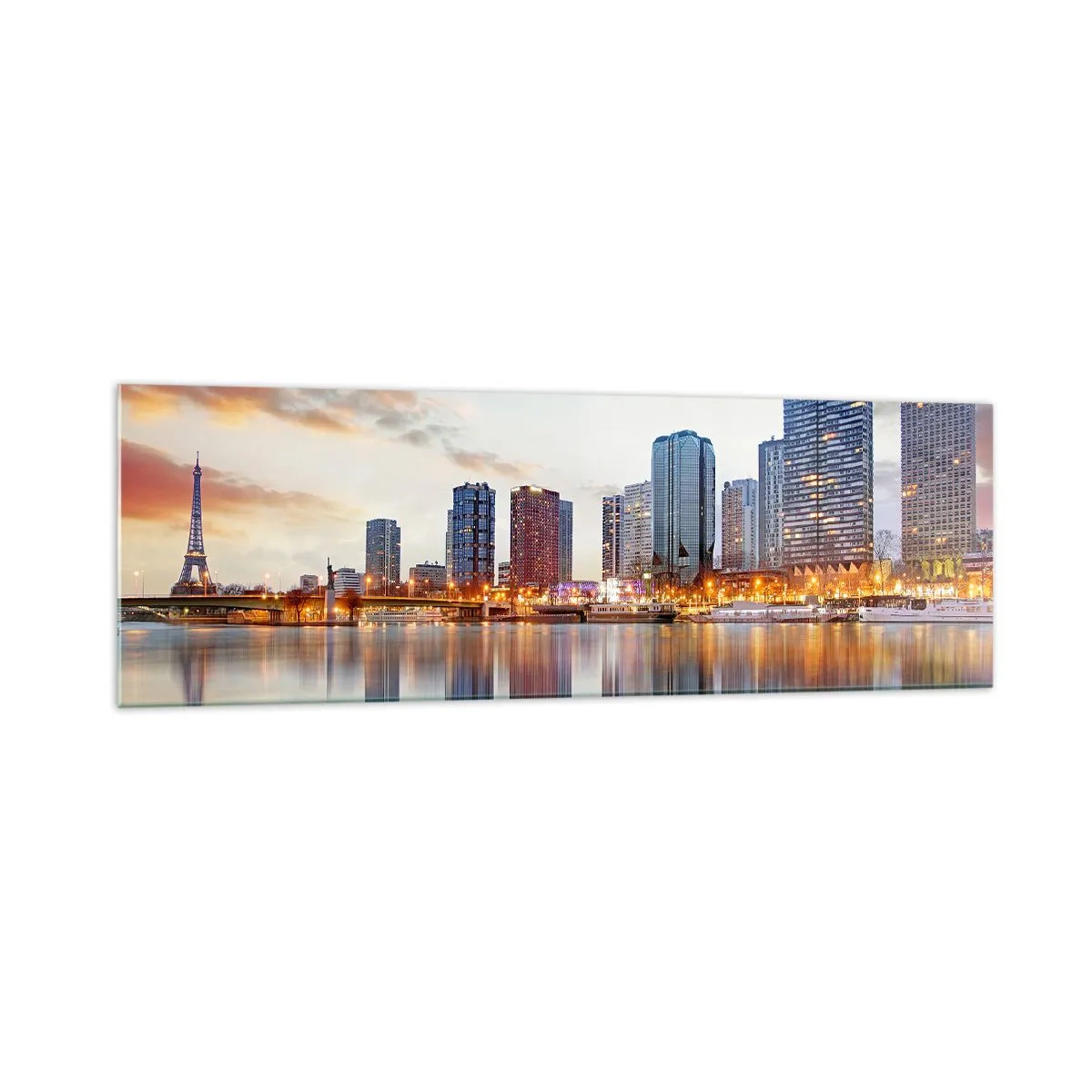 Cuadro sobre vidrio - Impresiones sobre Vidrio - Panorama de edificios modernos y la Torre Eiffel sobre el agua - 160x50cm - La calma monumental de París - Decoración de pared moderna para salón y dormitorio ARTTOR