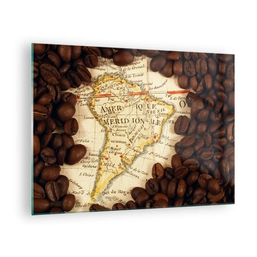Cuadro sobre vidrio - Impresiones sobre Vidrio - Un mapa de Sudamérica rodeado de granos de café. - 70x50cm - ¿De dónde viene el mejor café? - Decoración de pared moderna para salón y dormitorio ARTTOR