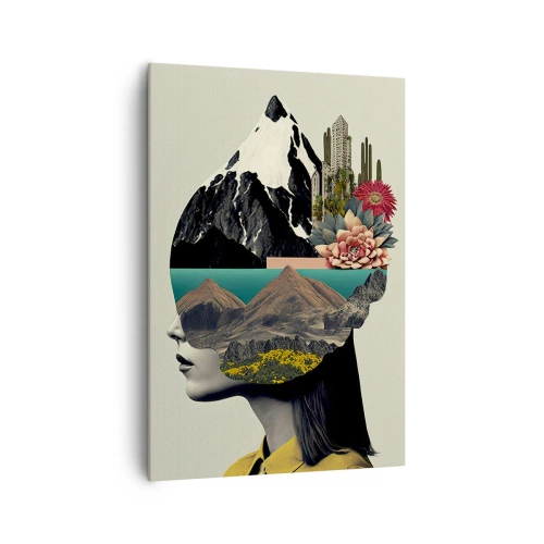 Cuadro sobre lienzo - Impresión de Imagen - Collage de una mujer con un paisaje de montaña y flores. - 70x100cm - La mujer, siempre un misterio - Decoración de pared moderna para salón y dormitorio ARTTOR