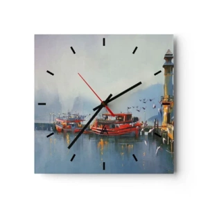 Reloj de pared - Reloj de vidrio - Un puerto con barcos rojos rodeado de un paisaje brumoso. - 30x30cm - En el fin del mundo - Decoración de pared moderna para salón y dormitorio ARTTOR