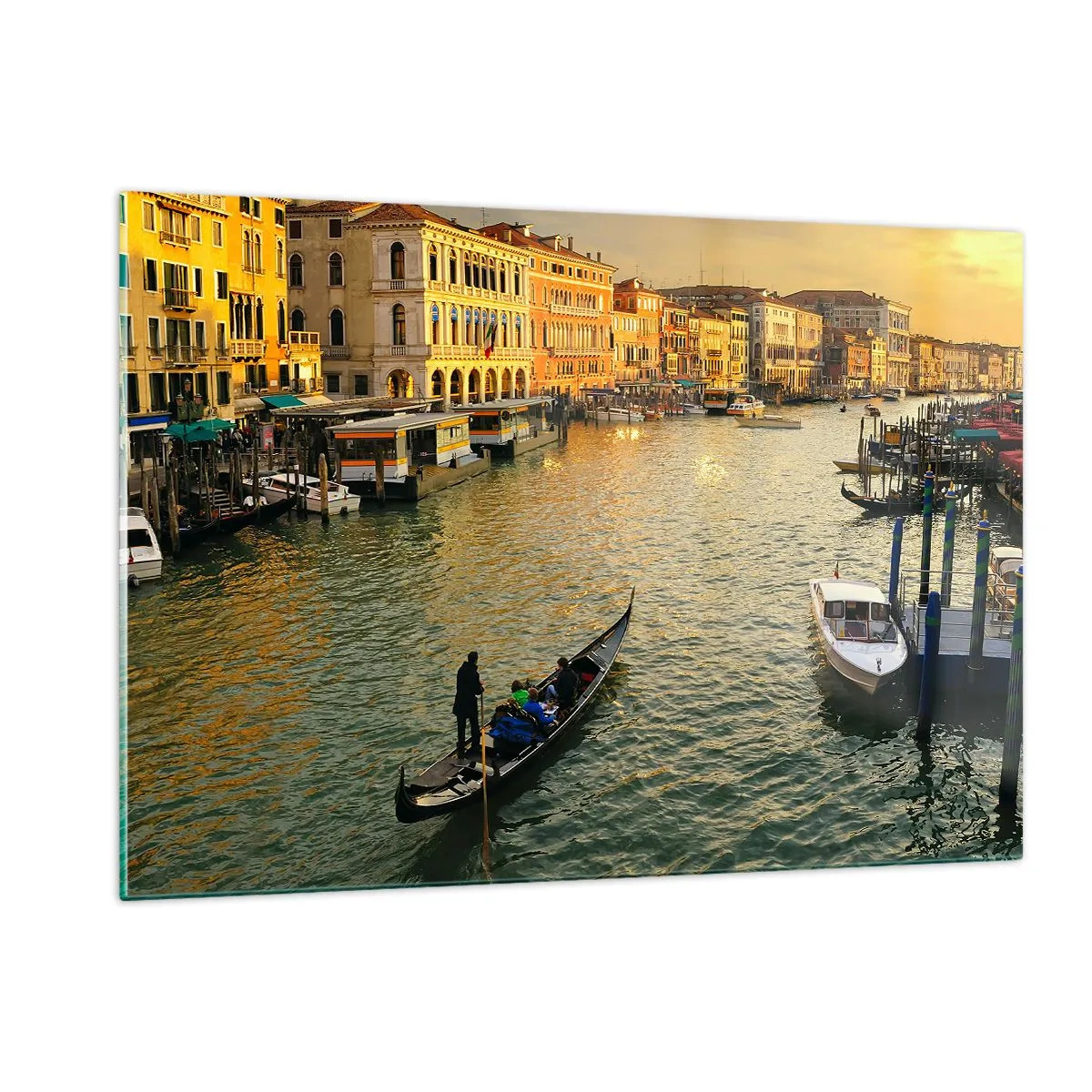 Cuadro sobre vidrio - Impresiones sobre Vidrio - Puesta de sol sobre un canal de Venecia con góndolas - 120x80cm - En el lado soleado de la calle - Decoración de pared moderna para salón y dormitorio ARTTOR