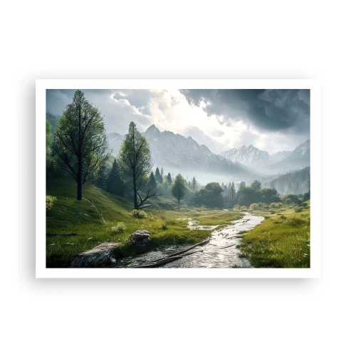 Póster - Un paisaje montañoso con un río y árboles rodeados de montañas brumosas. - 100x70cm - De ida y vuelta - Decoración de pared moderna para salón y dormitorio ARTTOR