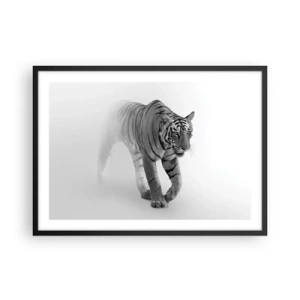Póster en marco negro - Un tigre emergiendo de la niebla. - 70x50cm - Siempre alerta entre la niebla - Decoración de pared moderna para salón y dormitorio ARTTOR