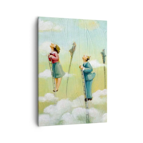 Cuadro sobre lienzo - Impresión de Imagen - Figuras subiendo escaleras entre nubes sobre un fondo pastel. - 50x70cm - Sigue tu sueño - Decoración de pared moderna para salón y dormitorio ARTTOR