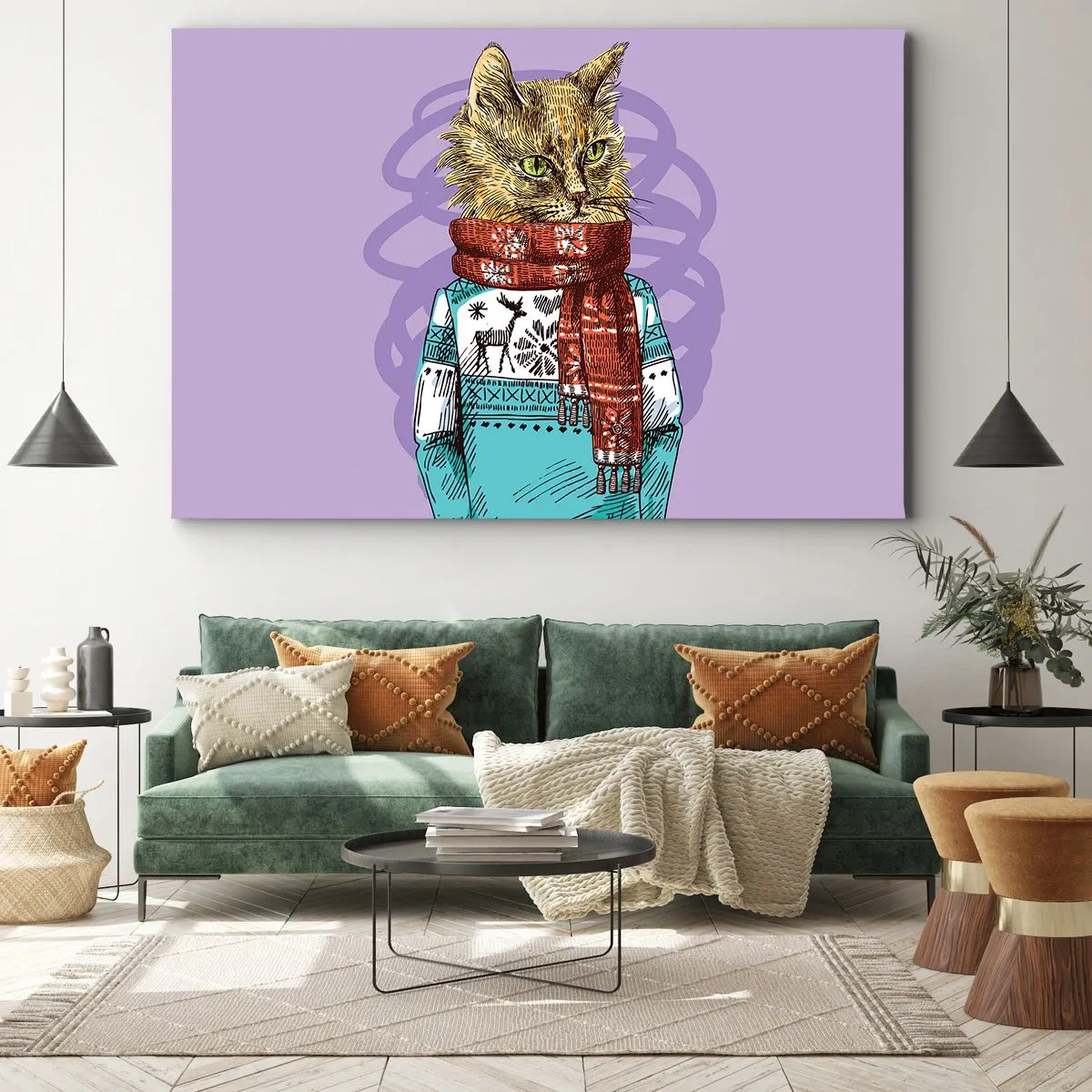 Cuadro sobre lienzo - Impresión de Imagen - Un gato con un suéter y una bufanda sobre un fondo morado. - 120x80cm - El gato no solo tenía botas - Decoración de pared moderna para salón y dormitorio ARTTOR