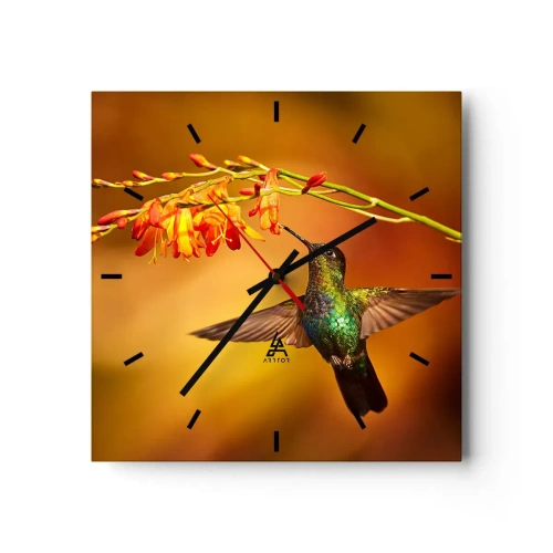 Reloj de pared - Reloj de vidrio - Colibrí junto a una flor bajo la cálida luz - 30x30cm - Mensajero de la luz - Decoración de pared moderna para salón y dormitorio ARTTOR