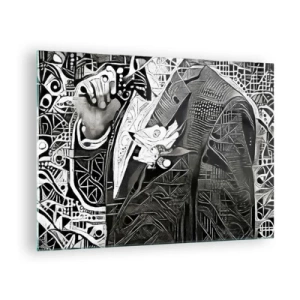 Cuadro sobre vidrio - Impresiones sobre Vidrio - Abstracción en blanco y negro con patrones geométricos. - 70x50cm - Solo un hombre aparentemente gris - Decoración de pared moderna para salón y dormitorio ARTTOR