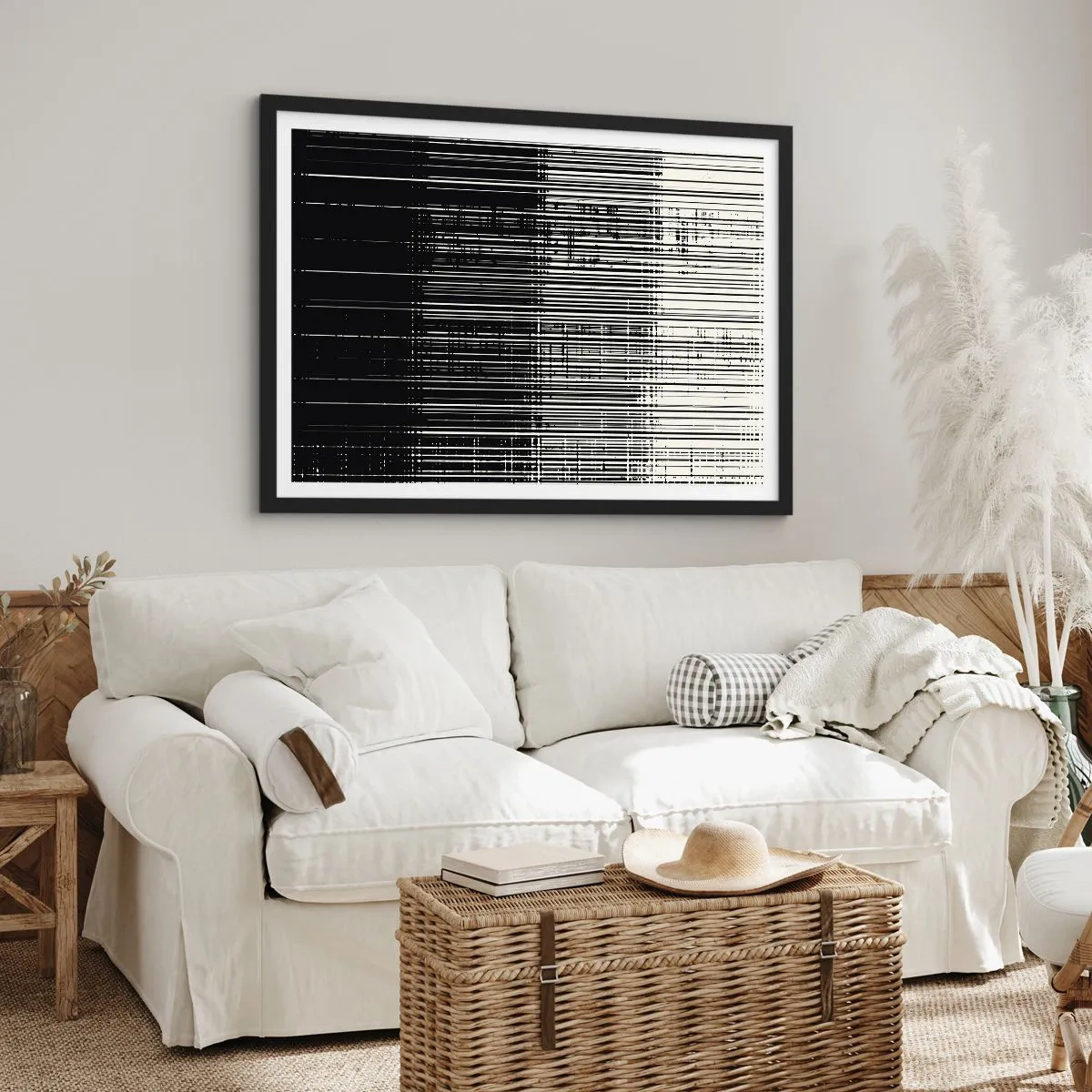 Póster en marco negro - Composición abstracta de líneas en blanco y negro contrastantes. - 70x50cm - Ondas y vibraciones - Decoración de pared moderna para salón y dormitorio ARTTOR