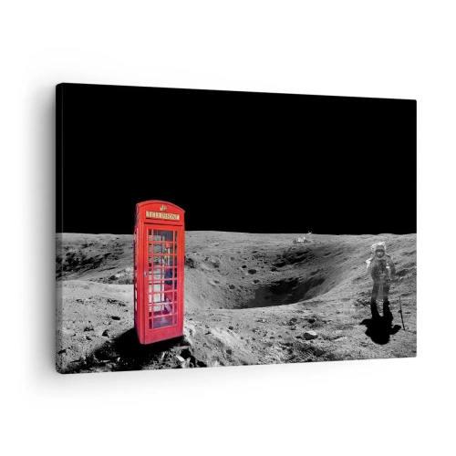 Cuadro sobre lienzo - Impresión de Imagen - Cabina telefónica roja en la luna - 70x50cm - Una broma cósmica - Decoración de pared moderna para salón y dormitorio ARTTOR