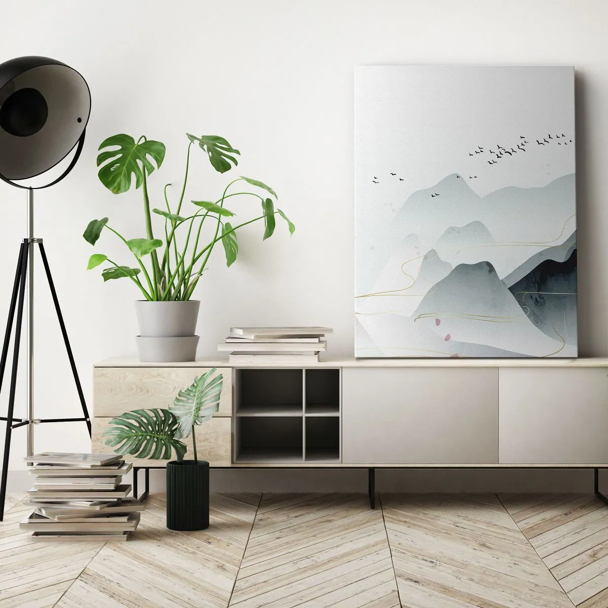 Cuadro sobre lienzo - Impresión de Imagen - Montañas abstractas en tonos pastel - 50x70cm - Sobre las cimas - Decoración de pared moderna para salón y dormitorio ARTTOR