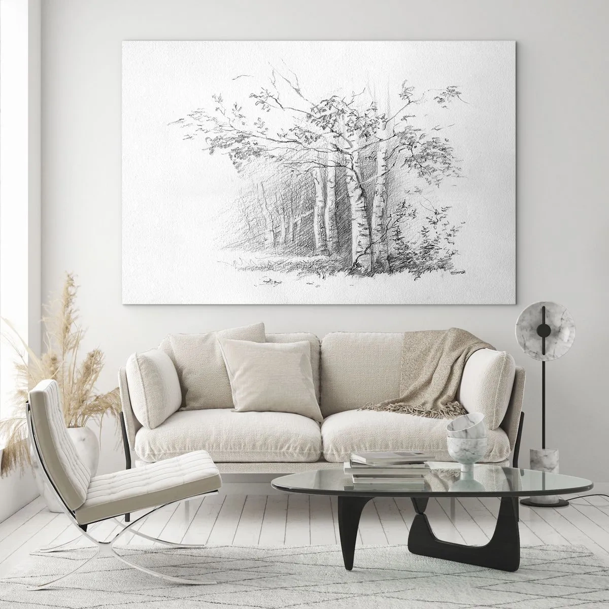 Cuadro sobre vidrio - Impresiones sobre Vidrio - Boceto de un bosque de abedules en tonos monocromáticos. - 120x80cm - La luz de un bosque de abedules - Decoración de pared moderna para salón y dormitorio ARTTOR