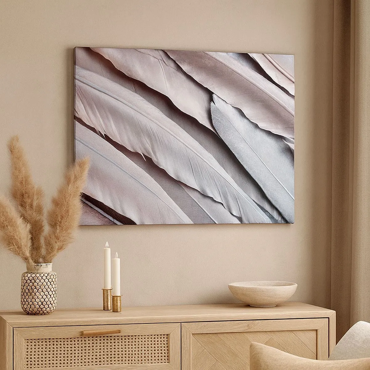 Cuadro sobre lienzo - Impresión de Imagen - Plumas delicadas en sutiles tonos de gris y beige. - 70x50cm - En rosa plateado - Decoración de pared moderna para salón y dormitorio ARTTOR