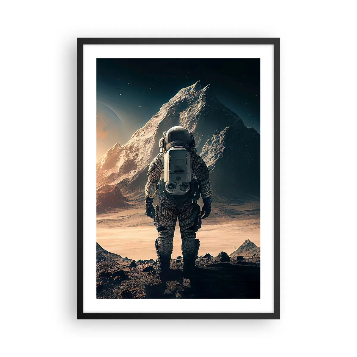 Póster en marco negro - Astronauta en un planeta alienígena a la luz de las estrellas. - 50x70cm - Un nuevo reto - Decoración de pared moderna para salón y dormitorio ARTTOR