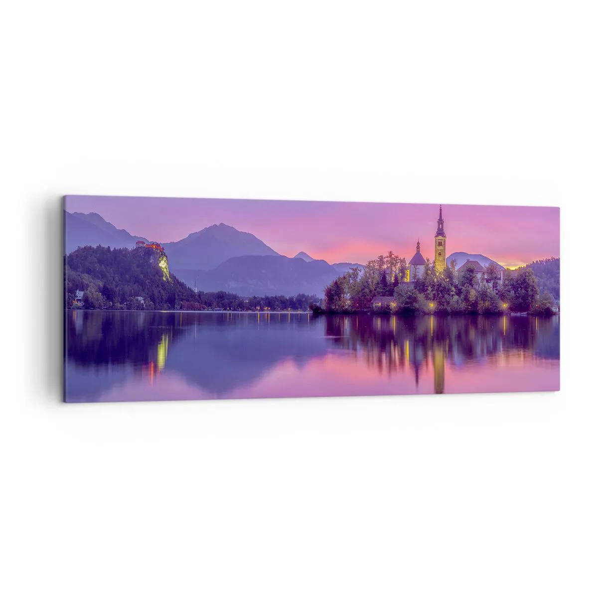 Cuadro sobre lienzo - Impresión de Imagen - Lago con una isla y una iglesia al atardecer - 140x50cm - Isla de cuento de hadas al atardecer - Decoración de pared moderna para salón y dormitorio ARTTOR