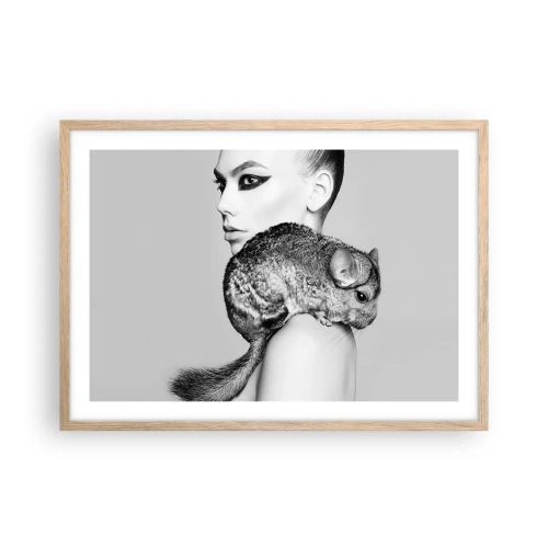 Póster en marco roble claro - Dama con chinchilla - 70x50 cm