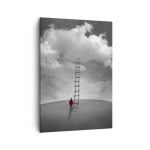 Cuadro sobre lienzo - Impresión de Imagen - Una persona con un abrigo rojo y una escalera que conduce a una nube. - 50x70cm - Todo es posible - Decoración de pared moderna para salón y dormitorio ARTTOR