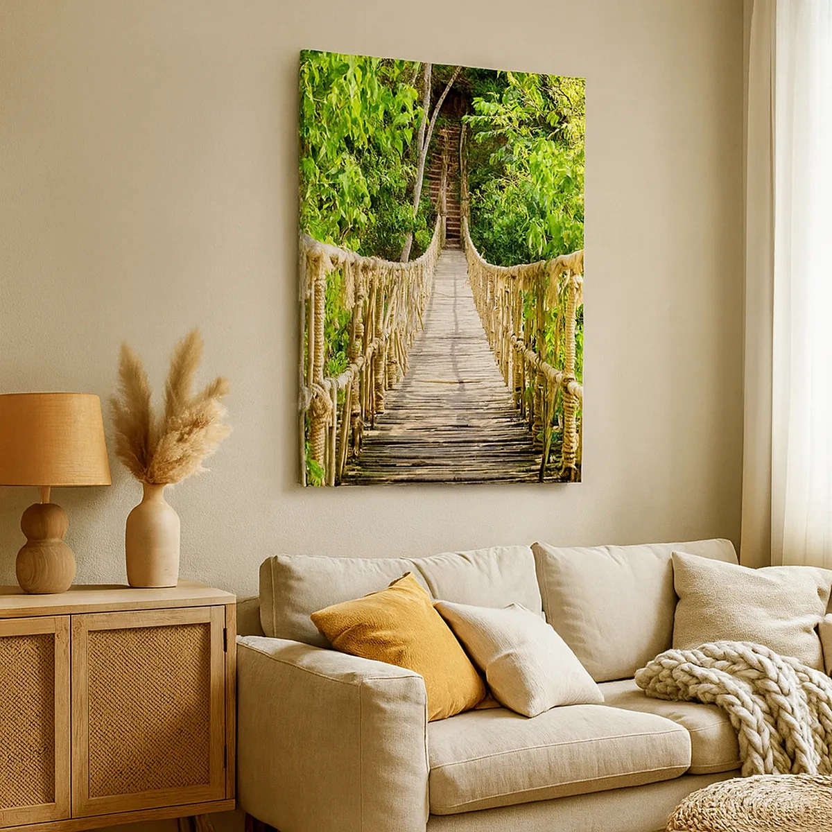Cuadro sobre lienzo - Impresión de Imagen - Un puente colgante en un bosque tropical lleno de vegetación. - 50x70cm - Suspendido en verde - Decoración de pared moderna para salón y dormitorio ARTTOR