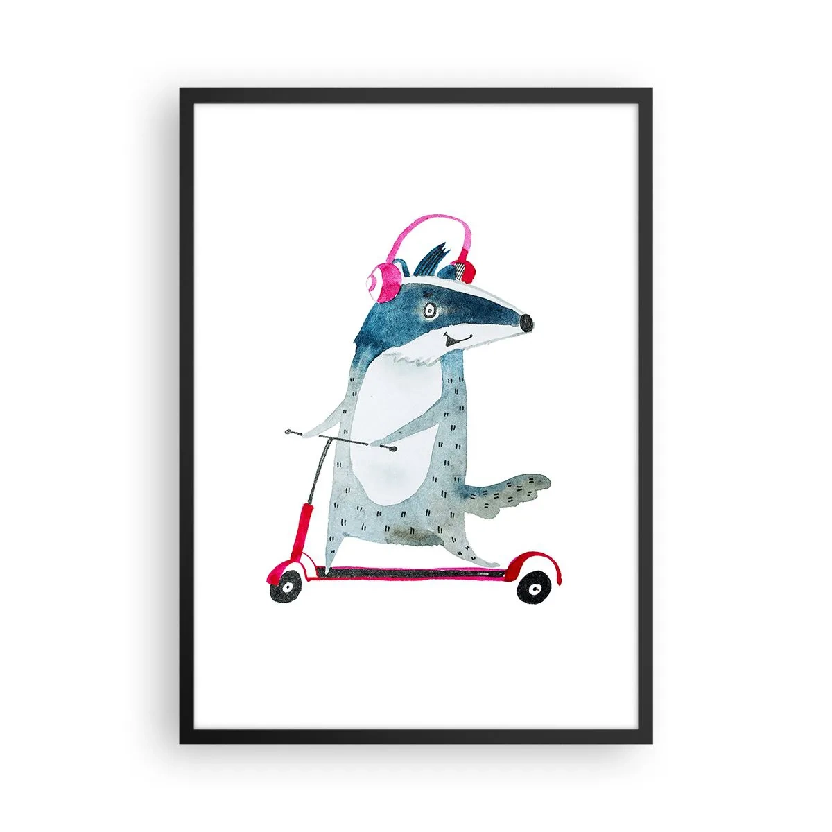 Póster en marco negro - Ilustración de un tejón en una scooter con auriculares rosas - 50x70cm - Alegrías de tejón - Decoración de pared moderna para salón y dormitorio ARTTOR