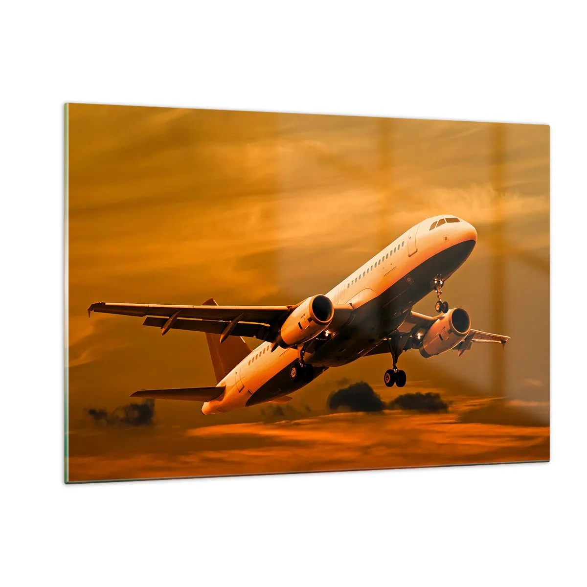 Cuadro sobre vidrio - Impresiones sobre Vidrio - Un avión despegando contra un cielo naranja. - 120x80cm - Vuelo hacia el sol - Decoración de pared moderna para salón y dormitorio ARTTOR