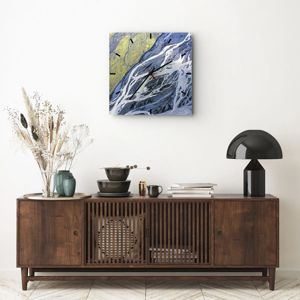 Reloj de pared - Reloj de vidrio - Vista aérea abstracta de lechos de ríos serpenteantes - 30x30cm - Las pinturas rupestres de la naturaleza - Decoración de pared moderna para salón y dormitorio ARTTOR